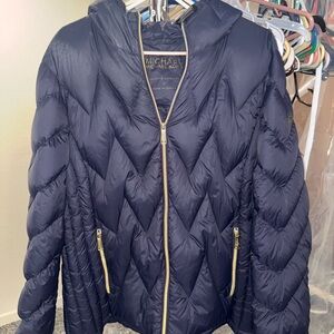 Michael Kors Women's Navy Puffer Jacket with Gold Accents